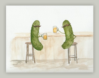 Whimsical Pickles with Moustaches having a Beer in the Pub Watercolor Art Print