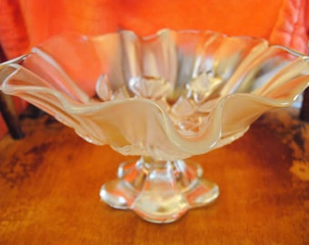Beautiful Fluted Vintage 12 inch wide by 6 inch tall Fruit Dish with Cut Glass Flowr Decor