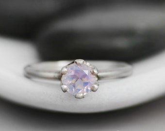 Lavender Moon Quartz Crown Wedding Ring - Sterling Silver Crown Promise Ring - Round Gemstone Solitaire Ring - Alternative Engagement Ring