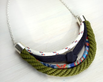 Green rope necklace/ Multi strand necklace/ Eco friendly necklace/ Nautical strand necklace/ Rope necklace.