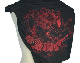 Black, Organic Bamboo, Japanese, Fighting Koi, Infinity Scarf, Screen Printed, Fall, Winter, Spring, Gifts for Him or Her, Made in USA