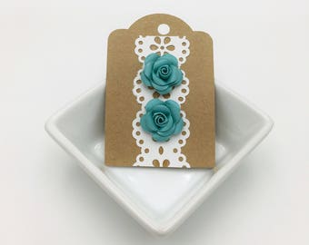 Teal Paper Rose Stud Earrings