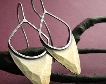 Mixed Metal Earrings, Sterling Silver And Bronze Hammered Pixie Earrings, Two Tone Shield Earrings, Geometric Statement Jewelry