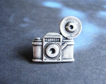Say Cheese - Antiqued Silver Plated Vintage Camera Lapel Pin or Tie Pin, Tie Tack with Gift Box