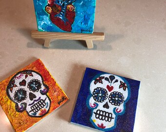 Art- painting- Heart, corazon -heart painting- mini art- small painting - lotteria - Frida kahlo- dia de los muertos- day of the dead art