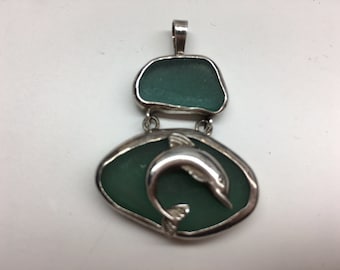 Sterling Silver Sea Glass Dolphin Hand Made Pendant