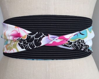 Reversible obi sash belt, Japanese inspired print obi belt sash, black white stripe obi, multicolor obi sash belt, waist cincher, aqua