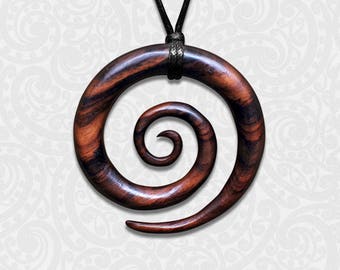 NEW ZEALAND Maori Unisex Necklace, Spiral Pendant, Ethnic Jewelry, Wooden Spiral Necklace, Leather Cord Necklace, Tribal Style Wood Jewelry