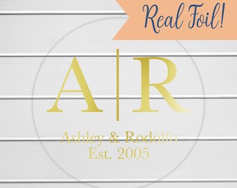Monogram Wedding Sticker, Gold Foil on Clear Transparent Personalized Wedding Invitation Sticker, Envelope Seals (#497-3-CF)