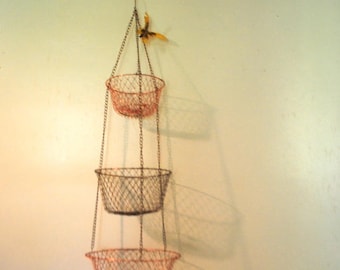 Retro vintage 70s, mixed metal , wire, mesh, three tieres, hanging, storage baskets.