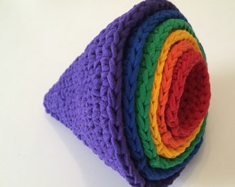 roygbiv montessori inspired nesting cones made from upcycled t-shirt yarn by yourmomdesigns