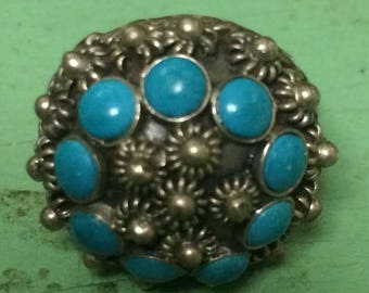 Mexican Sterling Silver Turquoise Adjustable Dome Ring Twisted Bead Design