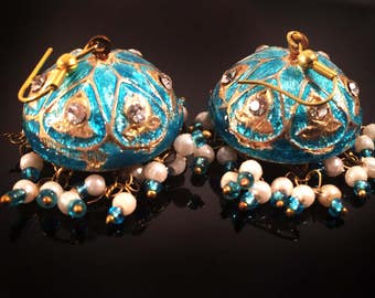 Turquoise Earrings,Jaipur Jhumka earrings,Lac Gold jhumkas,Crystal Earrings,Vintage Jewelry by Taneesi YJ130T