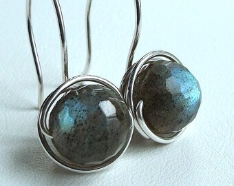 Faceted Labradorite Dangle Earrings Wire Wrapped in Sterling Silver Drop Earrings