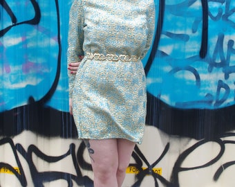 Vintage 1960's Light Blue and Gold Metallic Lame' Jacquard Mod Shift Mini Dress Size AU14