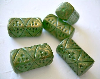 Pine Green Vintage Lucite Beads Gold Accents Oblongs 5