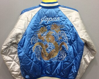 Sukajan Vintage Sauvenir veste Dragon Roar Yokosuka Japon broderie Bomber bleu Royal couleur unisexe adulte
