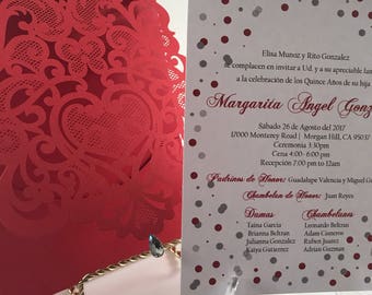 Quinceanera Invitations. Red and silver quince invite. Laser Cut Invitation. Glitter Quinceanera Invite.