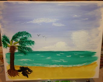 Original 20x24 painting on canvas beach palm tree sand ocean sky serene calm tropical water