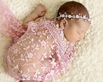 Pink Lace Wrap and Headband, Wrap Set, Fringe Lace Wrap, Baby Headband, Newborn Photo Prop, Baby Girl Prop