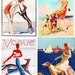 Vintage Beach Greyhound Dogs Art Notecards Set of 4 w/envelopes
