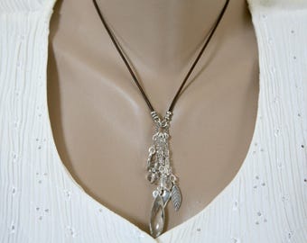 Clear Quartz, Dangling Charms, Leather Cord Necklace, Dangling Hearts, Hill Tribe Leaf, Boho Necklace, Bohemian Jewelry, Cascading Necklace