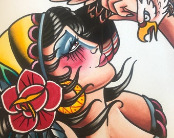 Gypsy girl and eagle-hand painted original- tattoo inspired