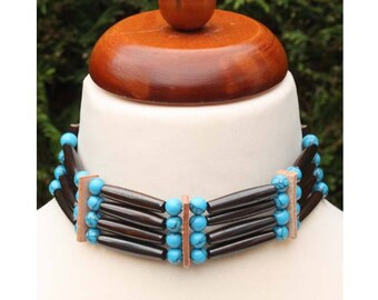 Native American style bone hair pipe choker with turquoise beads, Navajo jewelry, Brown blue necklace, Boho hippie festival indian choker