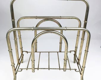 Vintage Brass LP Record Holder Magazine Rack 1960s Bamboo Detail Gold