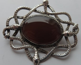 Vintage 925 Silver Snake and Cornelian Brooch 58mm x 55mm - FREE UK POSTAGE (Xmas Pressie).