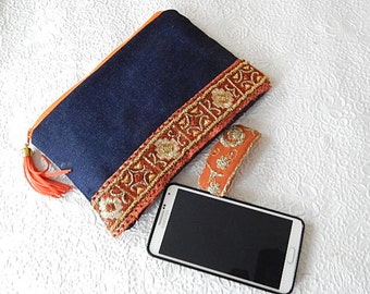 Denim purse, beaded purse, rust beaded pouch, fabric purse, zippered pouch, fashion accessory, womens accessory
