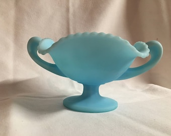 Fenton Satin Blue Footed Glass Fruit Pattern Candy/Compote Dish