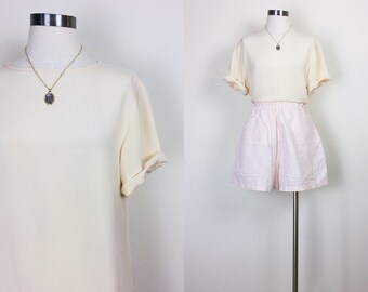 vintage silk shirt silk blouse silk top short sleeve crew neck minimalist silk size S/M