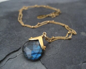 Labradorite necklace, blue flash necklace, multi color, genuine gemstone, heart shape briolette, dotted cap, handmade