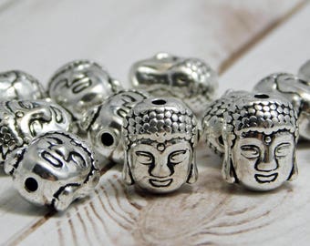 10 or 20 Beads - 11x9mm - Buddha Beads - Buddha Head Bead - Silver Buddha - Mala Beads - Metal Beads - Metal Buddha Bead - (4236)