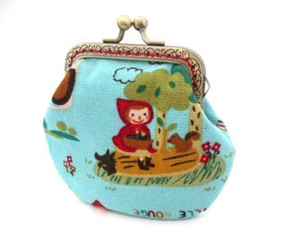 Little red riding hood pouch, cotton fabric, bronze kiss lock clasp purse, metal frame change purse, fairytale frame pouch