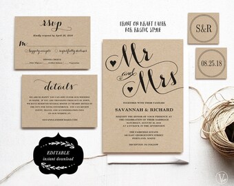 Wedding Invitation Card Template, Printable Wedding Invitation, Kraft Wedding Invitation, DIY Wedding, Editable Text, Mr Mrs, VW04