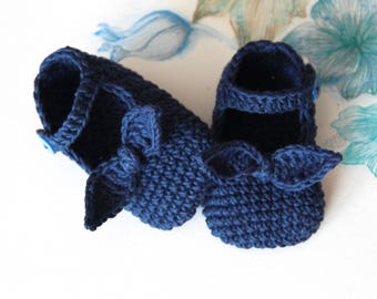 MIMI Crochet Bow Baby Shoes and Headband, Navy Blue, Cotton, Mary Jane Baby Shoes, Size 0-3, 3-6, 6-9 months, Ready to Ship