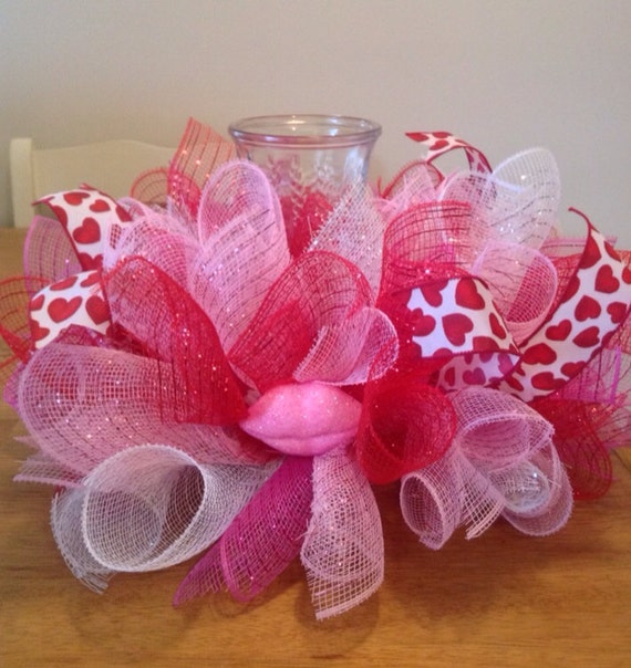 Items similar to Valentine Table Centerpiece/ Valentine's Day Deco Mesh