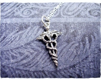 Silver Caduceus Symbol Necklace - Sterling Silver Caduceus Symbol Charm on a Delicate Sterling Silver Cable Chain or Charm Only