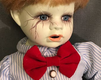 Hand Painted Horror Doll - Creepy Sitting Doll , Zombie Boy Doll , Zombie Baby Boy, Undead, Creepy Boy Doll, Porcelain Art Doll
