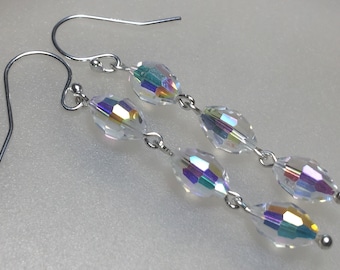Solid.925 sterling silver earrings made with vintage 1950's faceted AB aurora borealis glass beads #898
