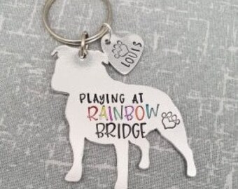 Staffy - Staffordshire Bull Terrier - Playing At Rainbow Bridge.. Personalised Dog Keyring - Dog Lover - Memorial -Dog Mum - Gift