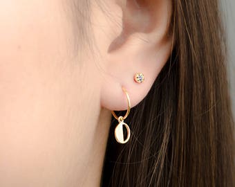 Tiny Cut Out Hoops, Sterling Silver, Gold Plated, Hoops with Pendant, Minimalist Dangle Hoops, Lunaijewelry, Gift for Friend, EAR150