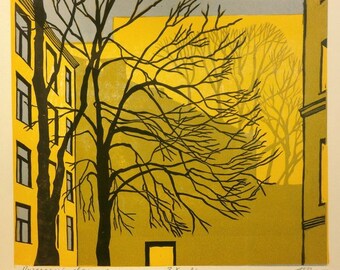 St. Petersburg Yard Original Linocut Relief Print