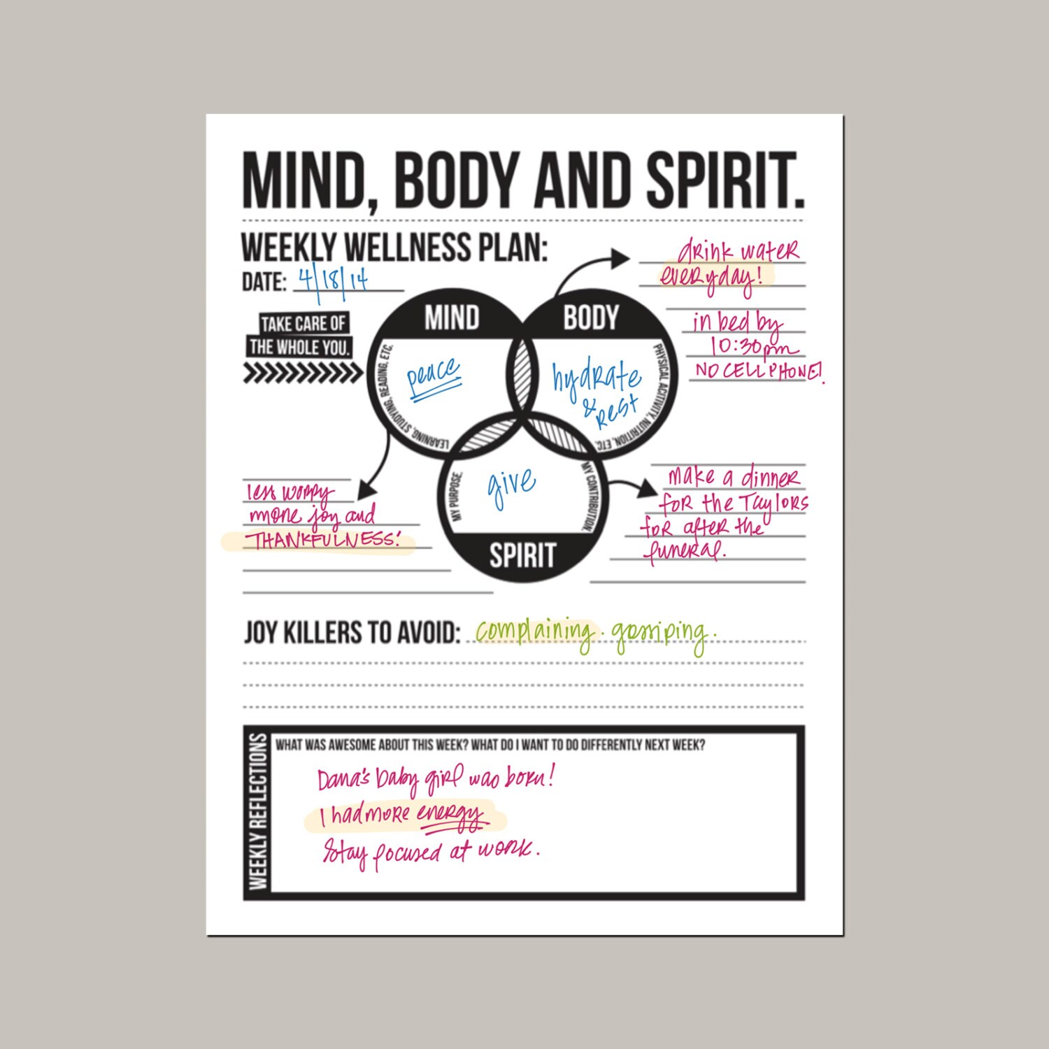 worksheet Health And Wellness Worksheets mind body spirit weekly wellness plan downloadable goal
