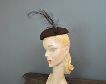 Vintage Hat 1950s Brown Felt Topper with Tall Feathers, Bullock's Wilshire