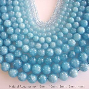 SALE. Natural Aquamarine Bead Strands, Round, Aquamarine, 12mm, 10mm, 8mm, 6mm, 4mm, Hole: 1mm; about 15inch. (BD-A336-338)