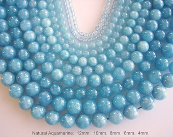 SALE. Natural Aquamarine Bead Strands, Round, Aquamarine, 12mm, 10mm, 8mm, 6mm, 4mm, Hole: 1mm; about 15inch. (BD-A336-338)