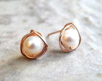 Pearl Stud Earrings, 14k Rose Gold Pearl Earrings, June Birthstone AA Freshwater Pearl Earrings Silver/Gold, Wedding Jewelry, Bridesmaids